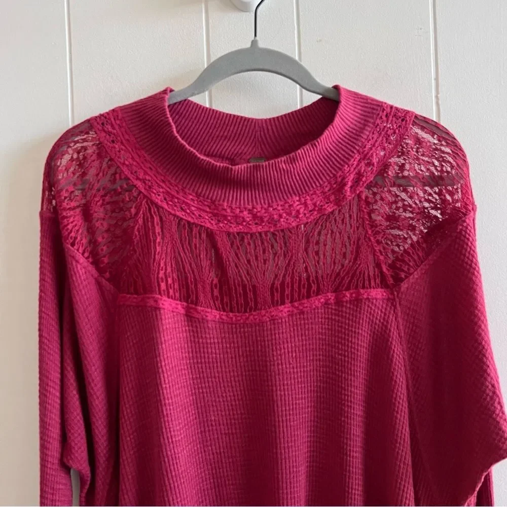 Free People Waffle Knit Thermal Top With Lace Trim